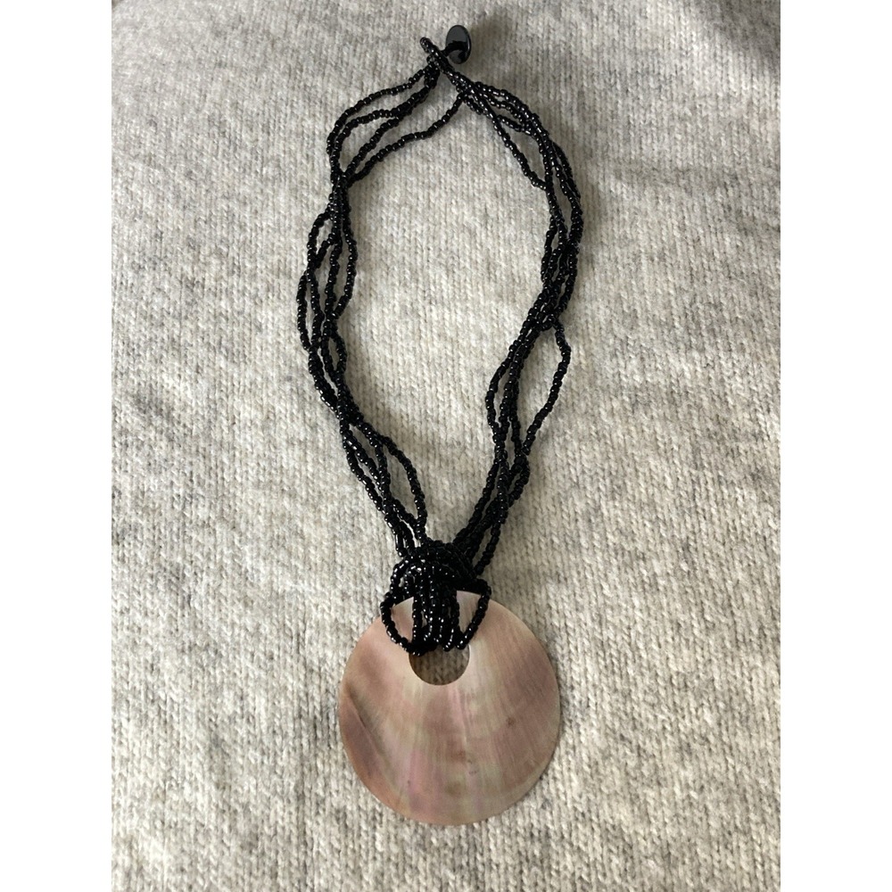 Black Seed Bead Necklace Mother of Pearl Shell Disc Pendant Beachy Coastal